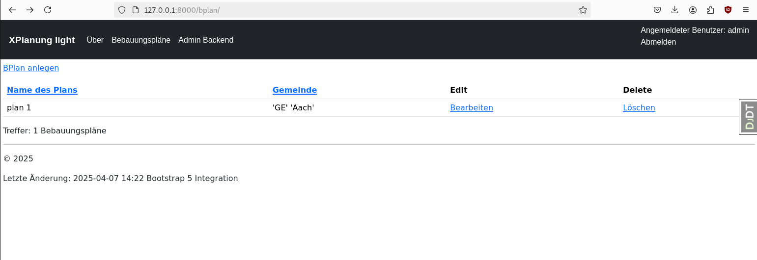 Liste der Pläne im Frontend